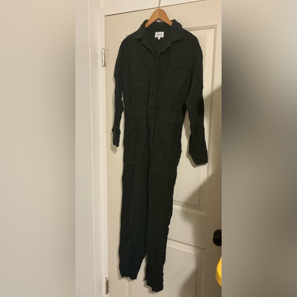 $248 Mate The Label 100% Organic Linen Black Long Sleeve Jumpsuit Small Natural — image 4 of 8
